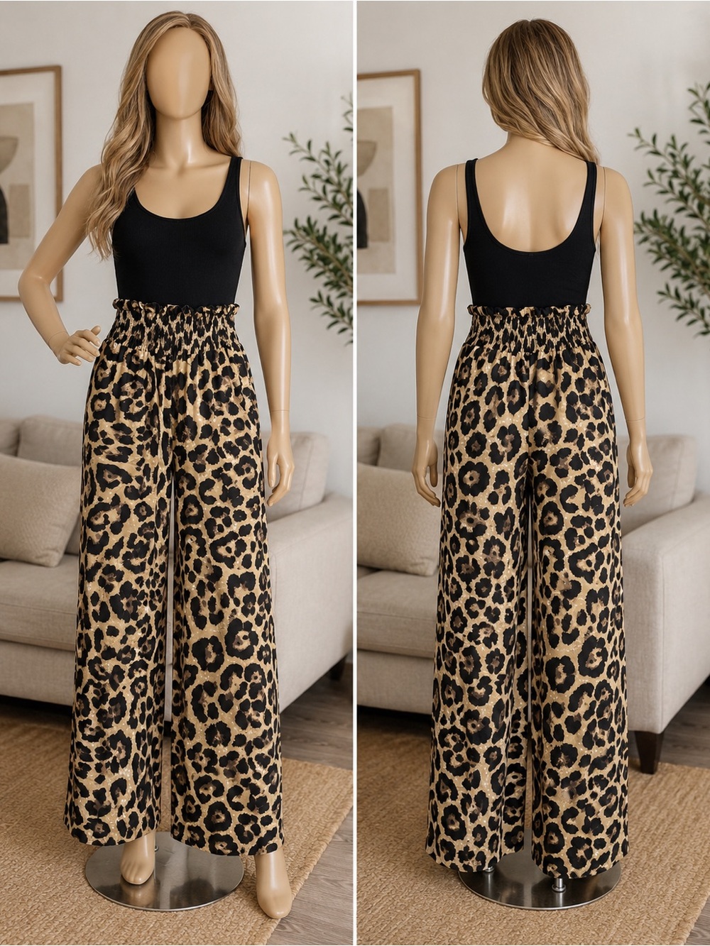 🆕 Leopard Print Wide Leg Pants - Tan & Black - Picture 1 of 3